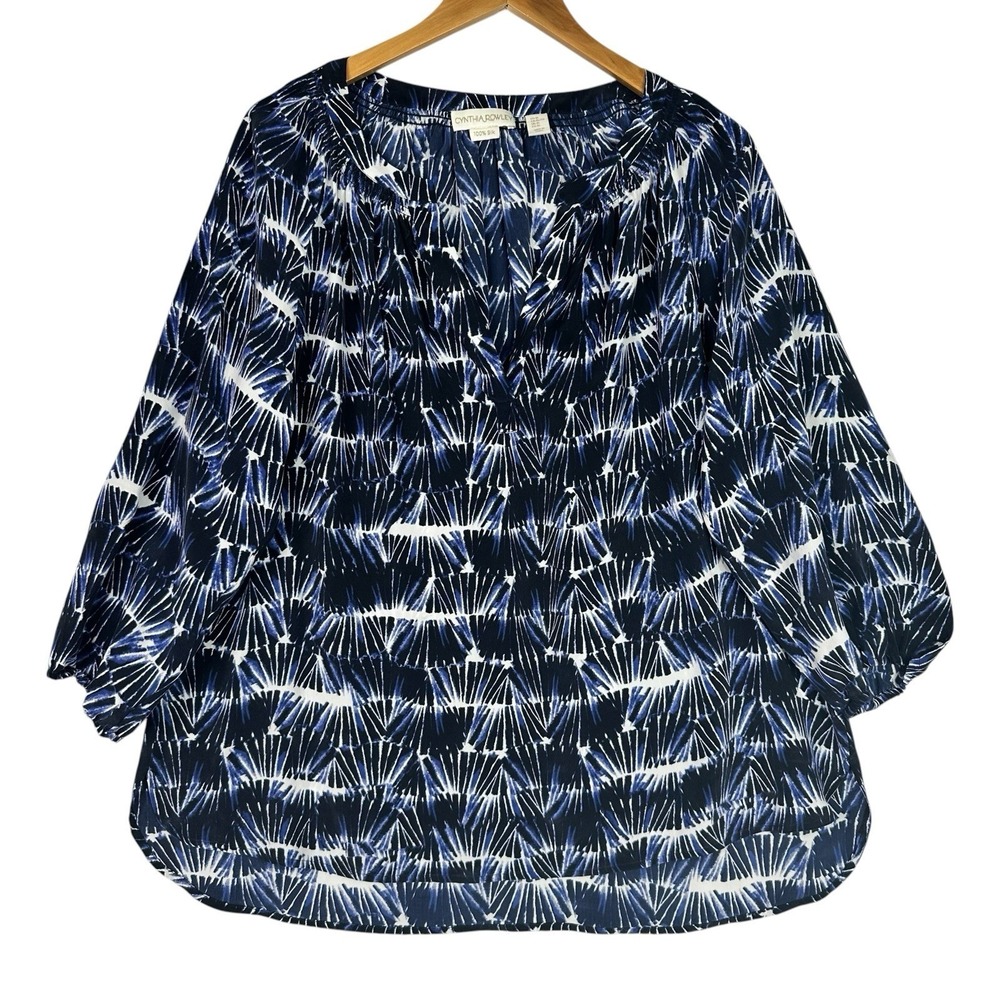 Cynthia Rowley 100% Silk Blouse XL Blue Abstract Print Split Neck 3/4 Sleeve